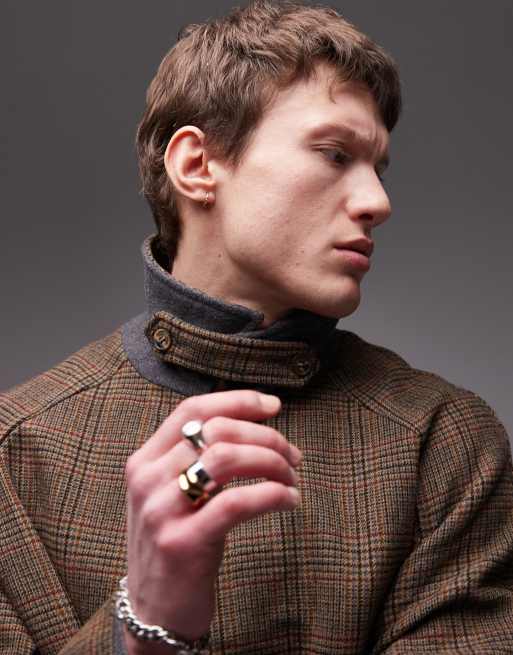Topman wool plaid car coat in brown