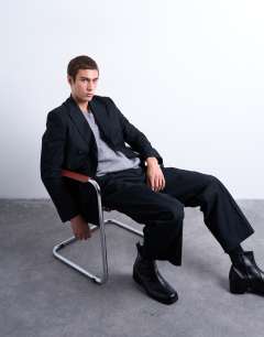 Model wearing Wool touch striped double breasted blazer in navy