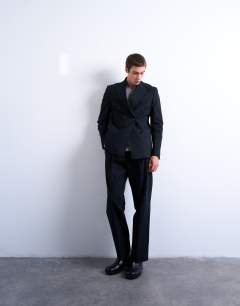 Model wearing Wool touch striped double breasted blazer in navy