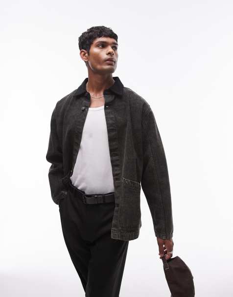 Topman – Workwear-Jacke in schwarzer Waschung mit farblich abgesetztem Kragen - view 1