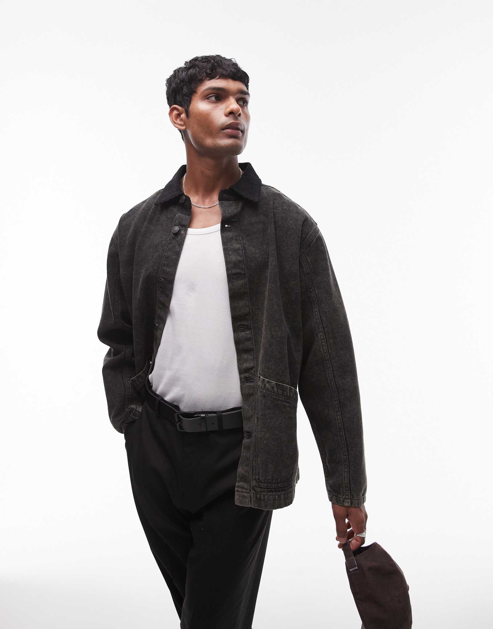 Черная джинсовая рубашка Topman workwear с черным воротником