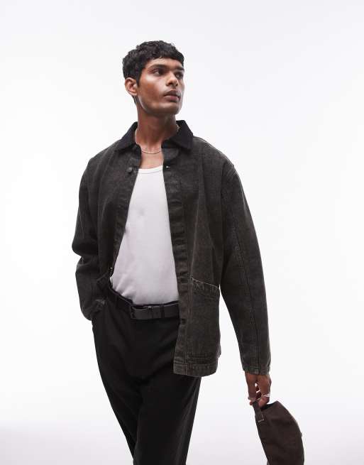 Topman - Workwearjack met contrasterende kraag in zwart met wassing