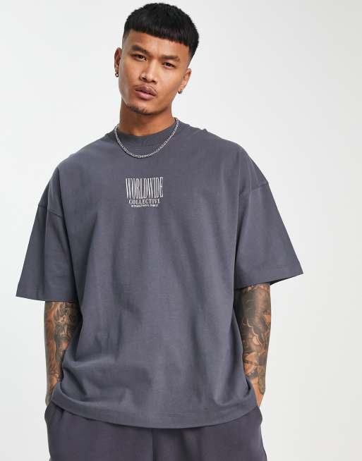 Topman - Worldwide - T-shirt ultra oversize à imprimé - Gris 