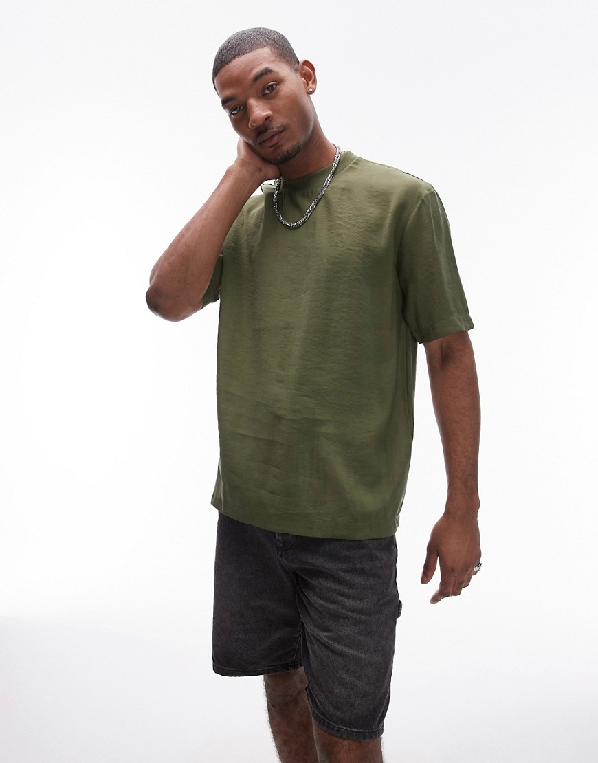 Topman woven oversized fit t-shirt with mid sleeve in khaki-Green