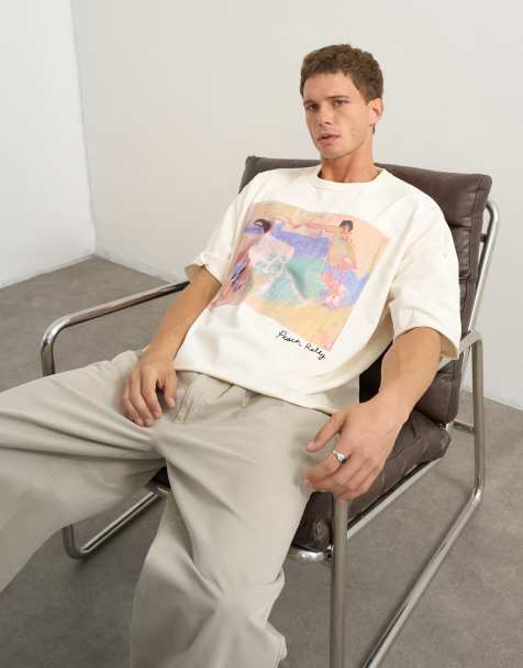 Topman x Akilah boxy fit crop abstract scenic graphic t-shirt with embroidery in ecru - view 1