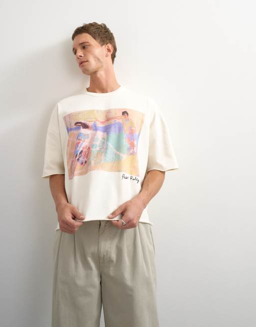 Topman x Akilah boxy fit crop abstract scenic graphic t-shirt with embroidery in ecru, 2 of 5