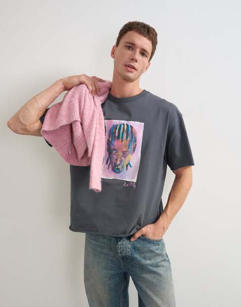 Topman x Akilah camiseta de corte holgado con gráfico de retrato abstracto y bordado en color carbón - view 1