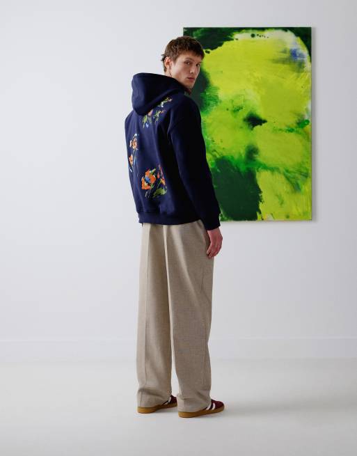 Topman x Alice Hartley – Granatowa bluza oversize z kapturem i naszywkami z haftowanym kwiatowym wzorem z przodu i na plecach