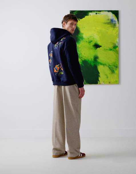 Topman x Alice Hartley – Oversize-Kapuzenpullover in Marineblau mit Blumenstickerei auf Vorder- und Rückseite - view 1