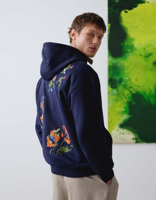 Topman x Alice Hartley oversized fit hoodie with front and back floral embroidery in navy, 3 of 4