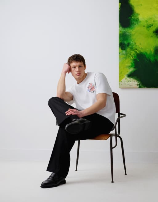 Topman x Alice Hartley - T-shirt oversize en tissu épais de qualité supérieure avec broderies fleuries à l'avant et au dos - Blanc