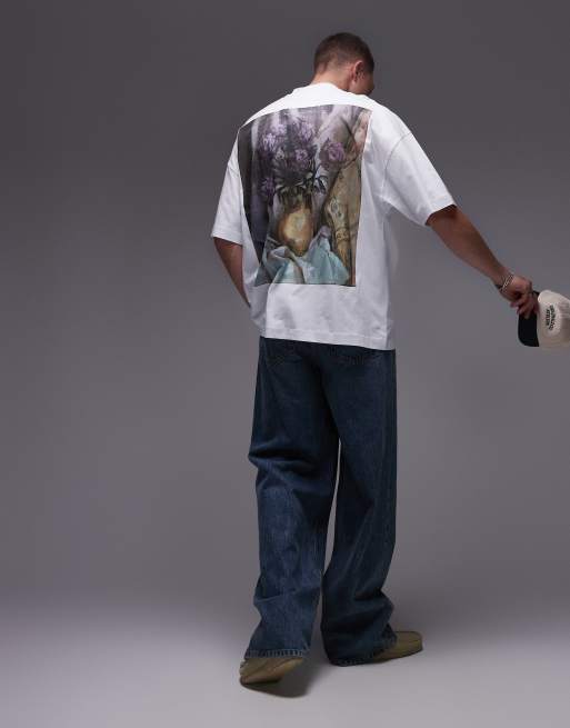 Topman x Ashmolean – Biały T-shirt extreme oversize z kwiatowym nadrukiem