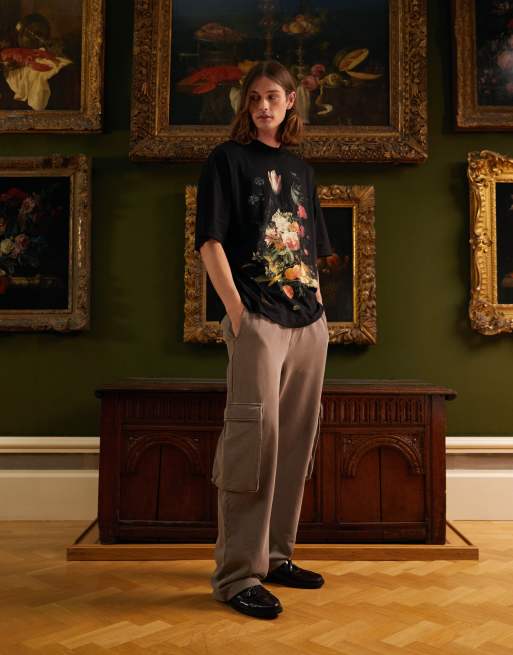 TOPMAN X ASHMOLEAN - Ekstremt oversized sort T-shirt med ' Still Life With Flowers'-print