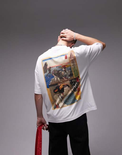 TOPMAN x ASHMOLEAN - Extreem oversized T-shirt met Nishiki-e houtblokprint op de voor- en achterkant in wit