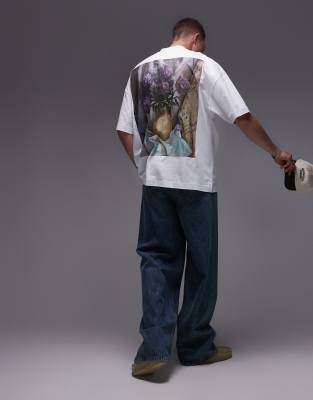 TOPMAN X ASHMOLEAN - Extreem oversized T-shirt met patch met bloemenprint in wit