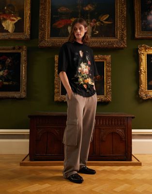 TOPMAN X ASHMOLEAN extreme oversized fit t-shirt with Still life Flowers print in black