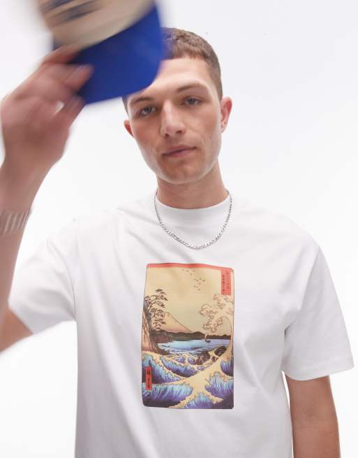 TOPMAN X ASHMOLEAN – Oversize-T-Shirt in Weiß mit Wellen- und Vulkan-Print