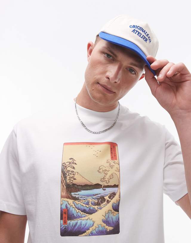 Topman - x ashmolean  oversized fit t-shirt with wave and volcano  print in white