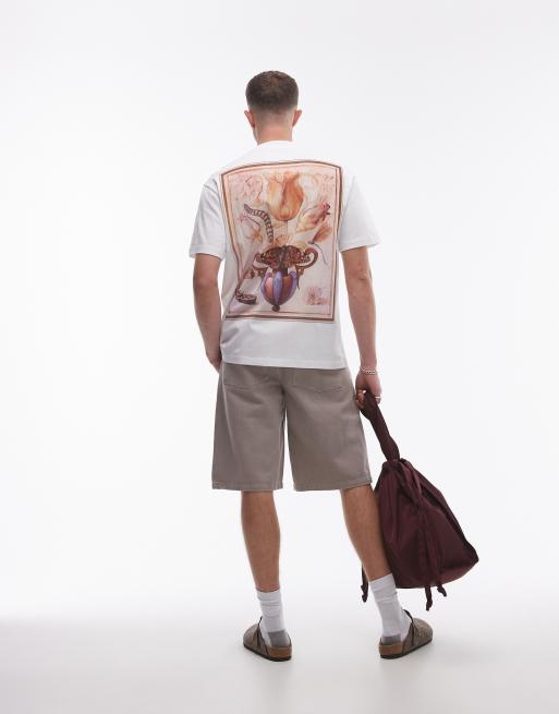 Topman x Ashmolean Premium – Biały T-shirt oversize z nadrukiem naszywki z motywem tulipanów i motyla