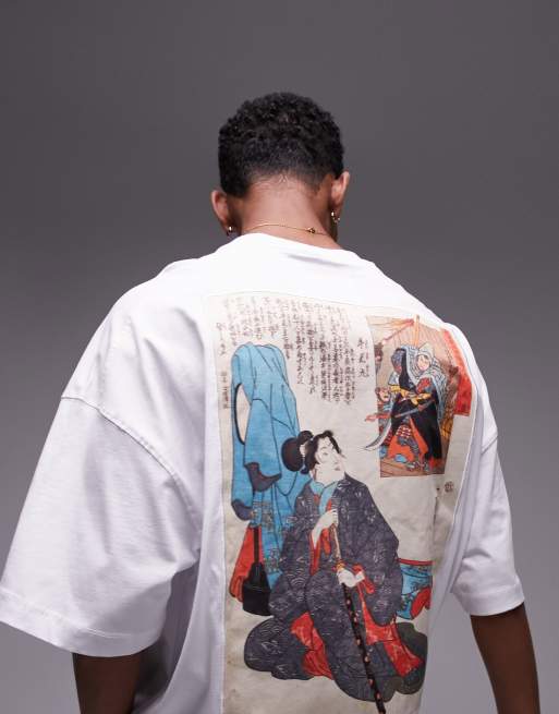 TOPMAN X ASHMOLEAN – Vit t-shirt i extra oversize med tryck med Woodblock-tryck
