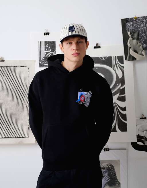 Topman x Becky Baier oversized fit hoodie with front and back patch print and embroidery in black, 3 of 4