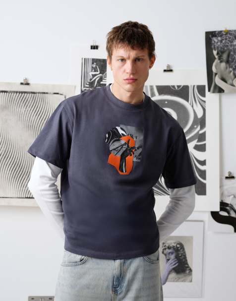 Topman x Becky Baier - Premium oversized T-shirt van zware stof met handprint en borduursel in antracietgrijs - view 1