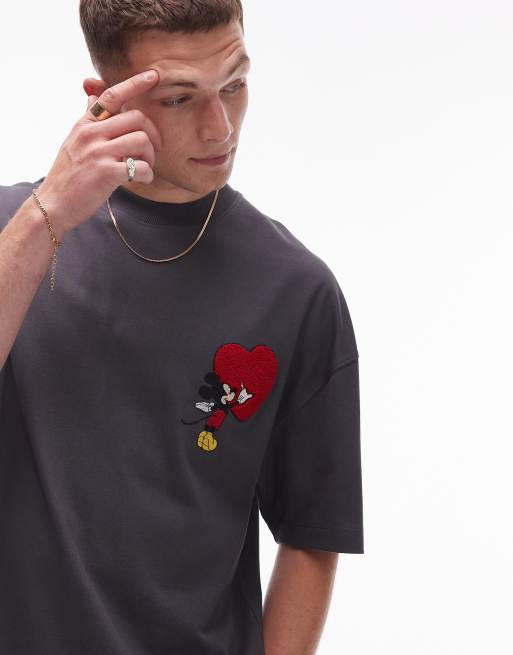 Topman x Disney – Hochwertiges Extrem-Oversize-T-Shirt in Anthrazit mit aufgesticktem Micky-Herz-Motiv