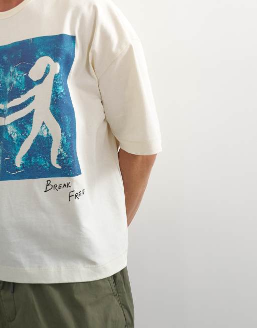 Topman x Jing boxy fit crop abstract breaking free graphic t-shirt with embroidery in ecru, 3 of 5