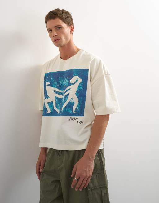 Topman x Jing boxy fit crop abstract breaking free graphic t-shirt with embroidery in ecru, 5 of 5