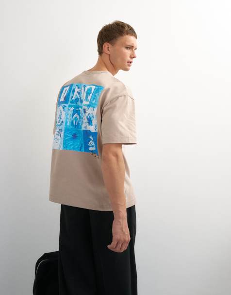 Topman x Jing luźny T-shirt z grafiką mozaiki z przodu i z tyłu oraz haftem w kolorze stone - view 1