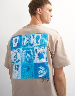 Model wearing Topman x Jing relaxed front and back mosaic graphic t-shirt with embroidery in stone