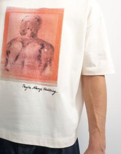Model wearing X Paul Majek boxy fit crop abstract portrait graphic t-shirt with embroidery in ecru