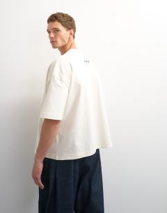 Model wearing X Paul Majek boxy fit crop abstract portrait graphic t-shirt with embroidery in ecru