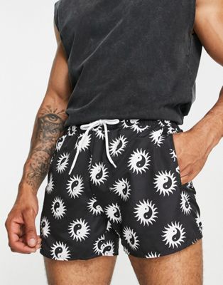 Topman ying and yang print swim shorts in black and white