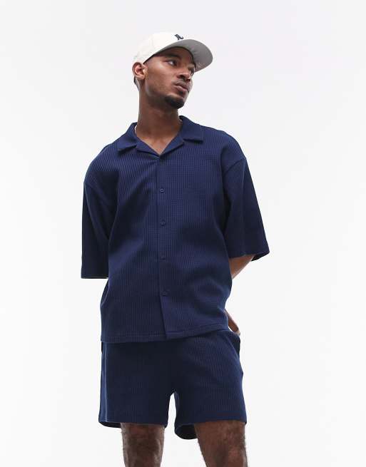 Topman – Zapinana na guziki granatowa koszula oversize z dżerseju o waflowej teksturze