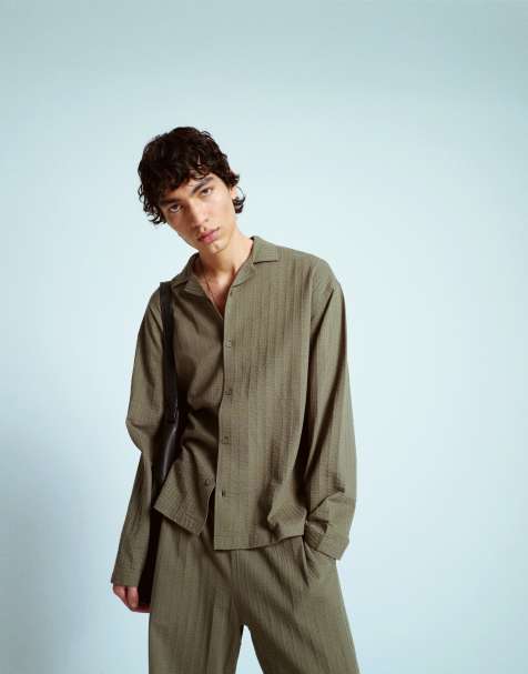 Topman crop fit fit long sleeve button through jersey shirt with seersucker in khaki
