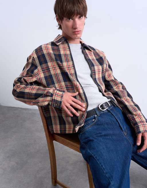 Topman – Zapinana na zamek fakturowana koszula wierzchnia o regularnym kroju we wzór w granatową kratkę