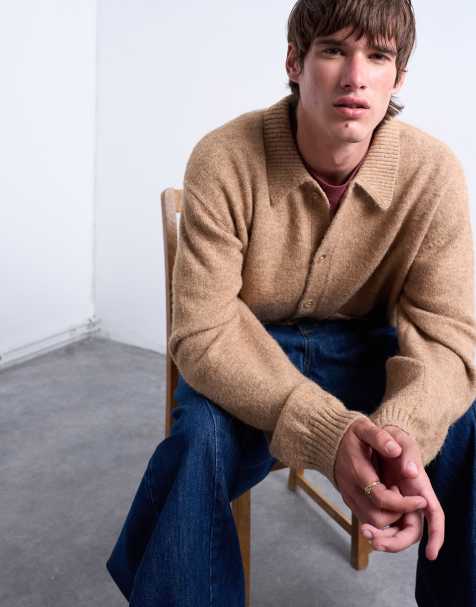 Topman oversized fit button through cardigan in stone