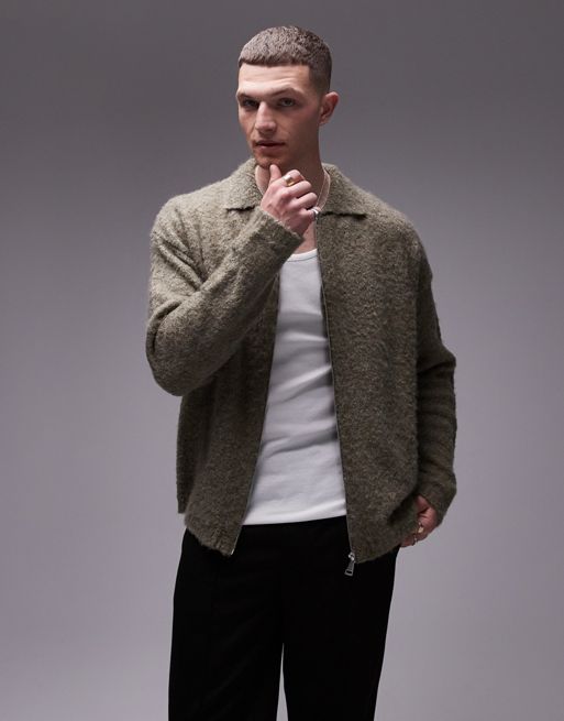 Topman – Zapinany na suwak kardigan z dzianiny boucle w kolorze khaki