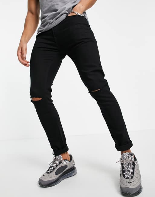 Topman – Zerrissene, eng geschnittene Stretch-Jeans aus Baumwollmix in Schwarz - BLACK