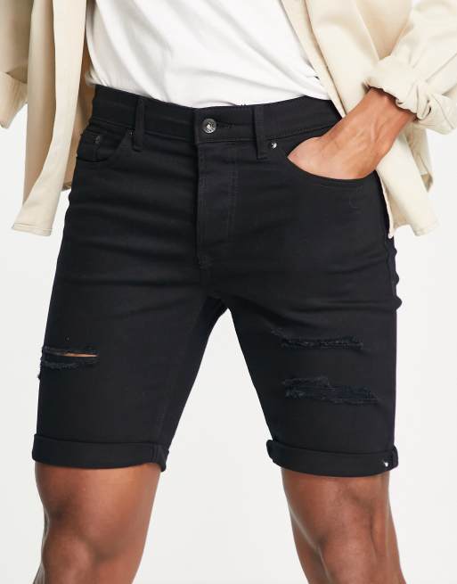 Topman – Zerrissene Stretch-Shorts mit engem Schnitt in Schwarz