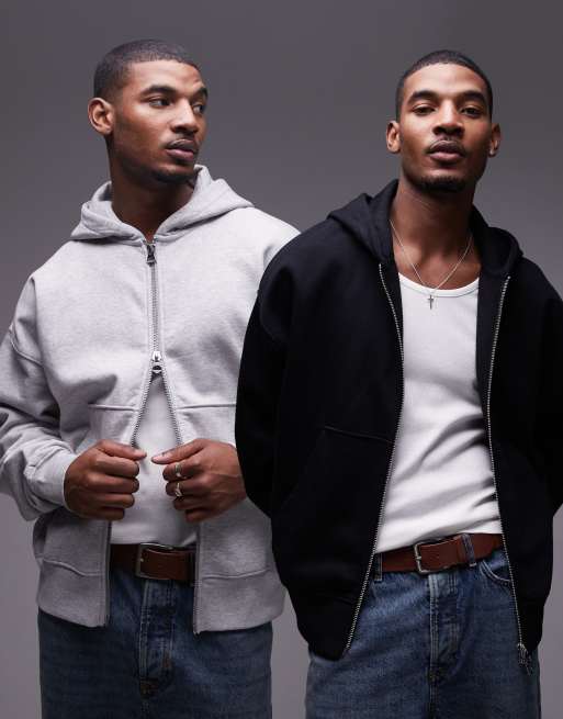 Topman – Zestaw 2 grubych zapinanych na zamek bluz z kapturem premium o luźnym kroju w kolorach czarnym i szarym melanżowym