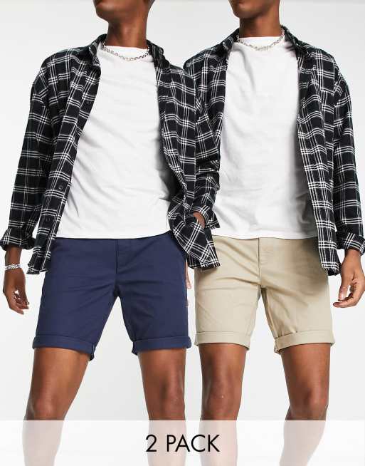 Topman – Zestaw 2 par obcisłych szortów chinosów w kolorach granatowym i kamiennobeżowym