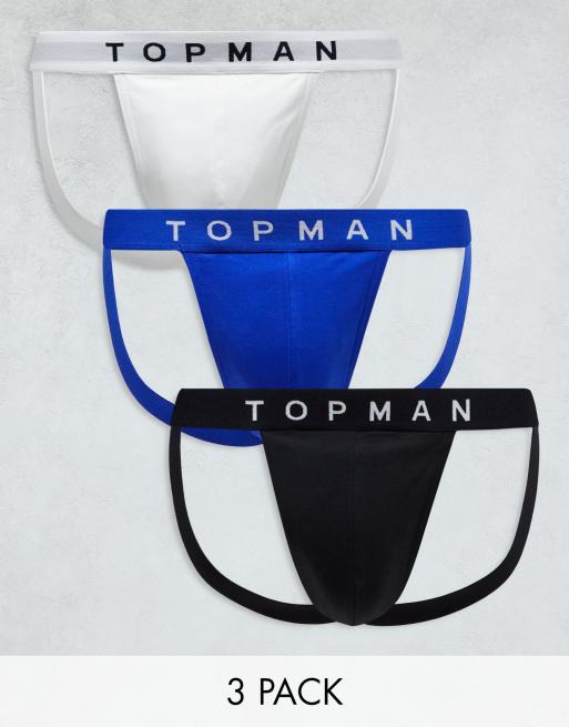 Topman – Zestaw 3 par slipów typu jockstrap w kolorze czarnym, białym i kobaltowym z kolorową taśmą w talii