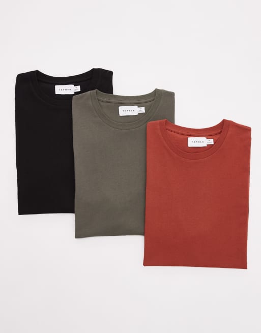 Topman – Zestaw 3 T-shirtów o regularnym kroju w kolorach czarnym, khaki i bordowym