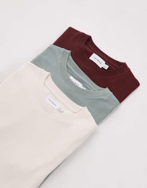Topman – Zestaw 3 T-shirtów o regularnym kroju w kolorach ecru, szałwiowym i brązowym