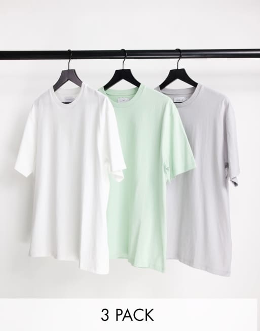 Topman – Zestaw 3 T-shirtów oversize w kolorach białym, jasnoszarym i szałwiowym – MULTI