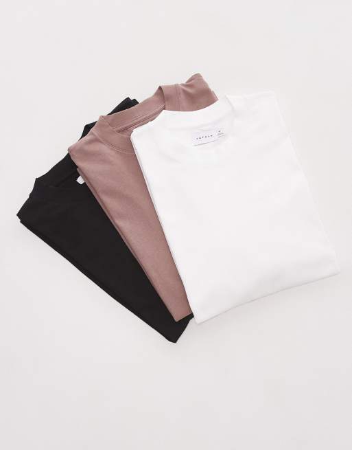Topman – Zestaw 3 T-shirtów oversize, w kolorach czarnym, białym i brązowobeżowym