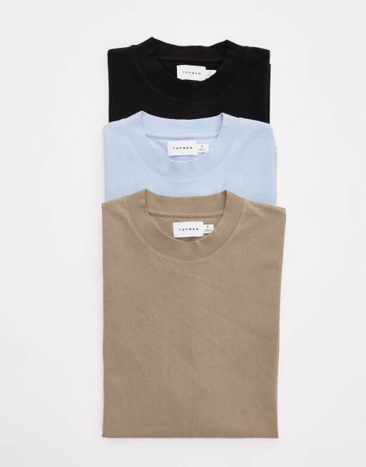 Topman – Zestaw 3 T-shirtów oversize w kolorach czarnym, khaki i jasnoniebieskim