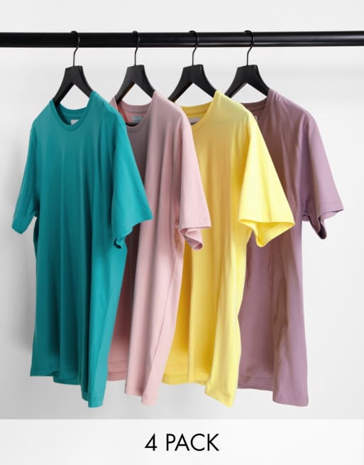 Topman – Zestaw 4 klasycznych T-shirtów w kolorach żółtym, liliowym, zielonym i różowym